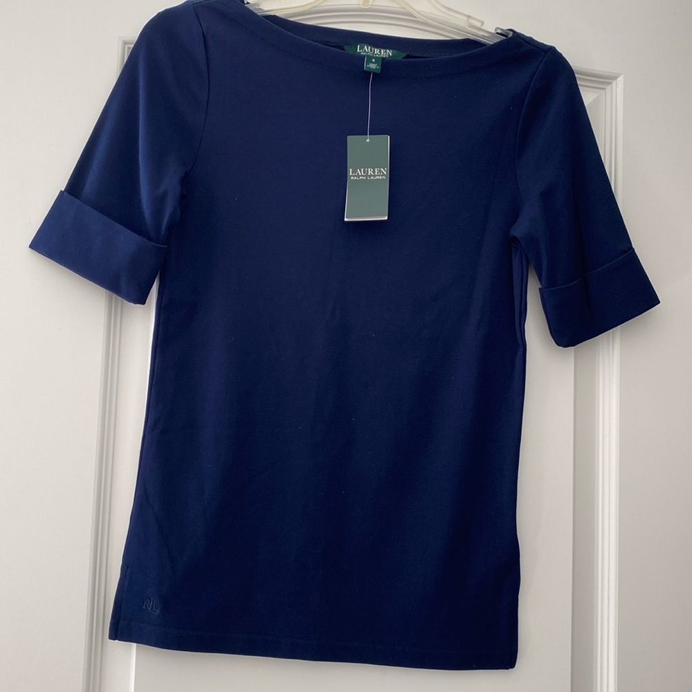 NWT Lauren Ralph Lauren navy boatneck top 3/4 cuffed sleeves (S)